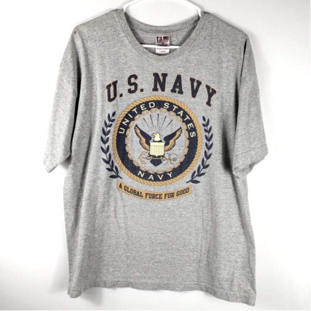 Bayside U.S. Navy T Shirt Large Made USA Military Graphic Gray Tee Armed Forces